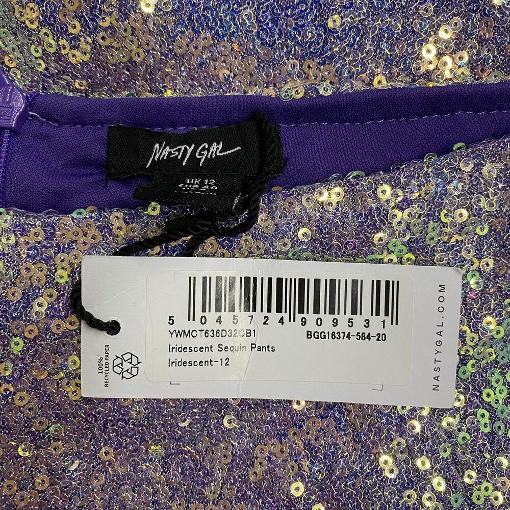 Nasty Gal Iridescent Sequin Flare Pants Womens 8 Silver Disco Festival Bell Btm - Picture 4 of 13